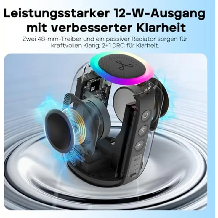 Tribit StormBox Mini+ Bluetooth-Lautsprecher 12W, 360°-Raumklang, 12h Spielzeit, Bluetooth 5.4, IPX7, RGB-Leuchten, TWS Kopplung, tragbar für Zuhause und Outdoor – Bild 3