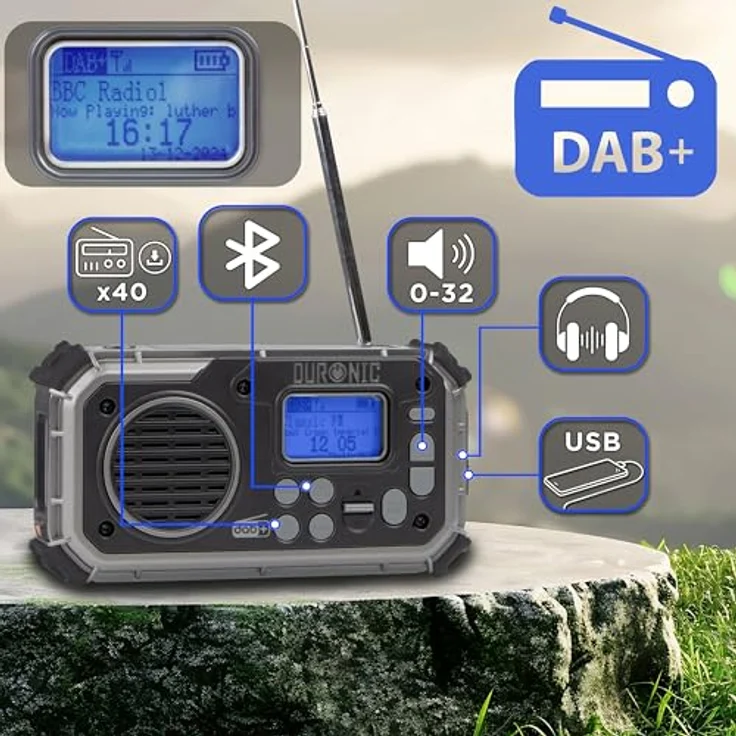 Duronic SDAB1 Kurbelradio, Tragbares Solar DAB FM Radio mit LED Licht, 2000mAh Powerbank und Bluetooth Lautsprecher – Bild 3
