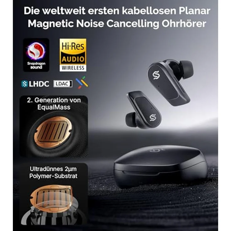 Edifier STAX Spirit S10 True Wireless Planar Magnetic Earbuds mit ANC, Snapdragon Sound, Hi-Res Audio (LDAC LHDC), Bluetooth 5.4, 6 Mics Hi-Fi Calling, Wearing Detection, IP54 - Schwarz – Bild 2