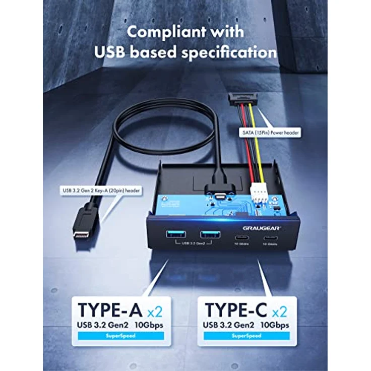 GRAUGEAR | 4 Anschlüsse 10Gbit/s Front-Panel | 2X USB-C+2X USB-A USB3.2 ...