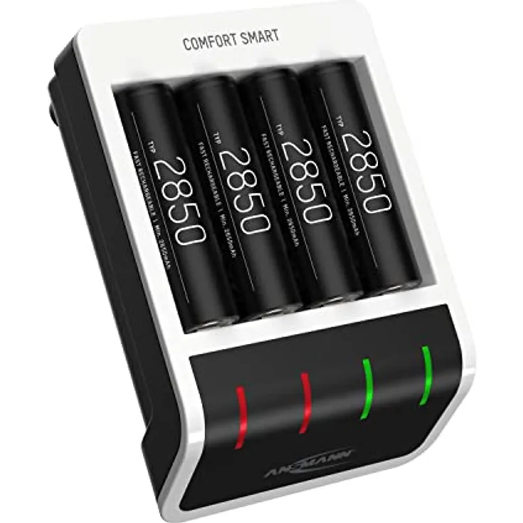 Ansmann Akku-Ladegerät für Mignon AA und Micro AAA, Comfort Smart Automatik Batterieladegerät mit Perfect-7-Ladetechnologie & Repair-Modus Akkubatterien, 4X Akkus 2850mAh, 1001-0092-590-2, weiß