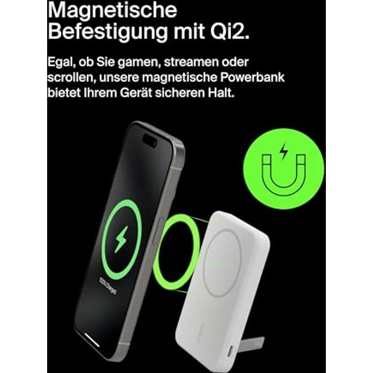 Belkin BoostCharge Pro kabellose Powerbank 5000mAh mit Qi2 und MagSafe, tragbares Ladegerät mit integriertem Ständer – Weiß – Bild 5