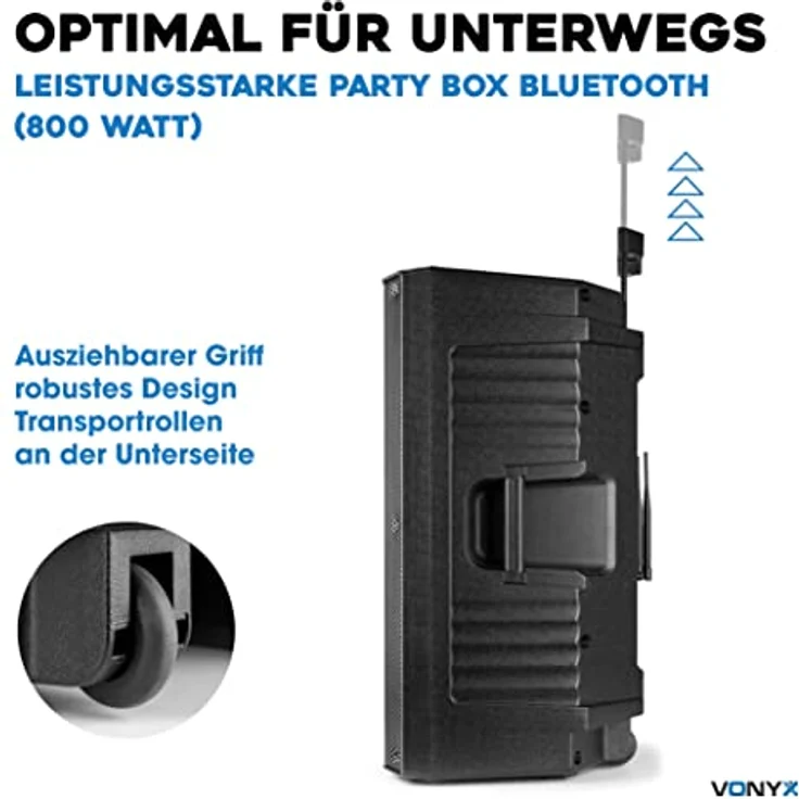Vonyx VSA500 Tragbares Akku PA-System mit 800 W Leistung, Bluetooth 5.0, 2 UHF-Mikrofonen und 8 Stunden Akkulaufzeit – Bild 3