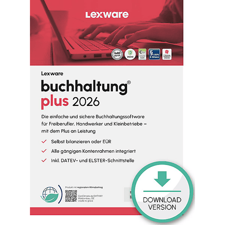 LEXWARE BUCHHALTUNG PLUS 2026 (365-TAGE) - Steuersoftware mit integrierter Kassenbuchfunktion, DATEV- und Elster-Schnittstellen, für PC