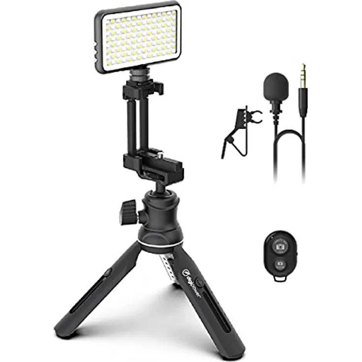DigiPower Vlogging Kit Instructor mit LED Videoleuchte, Clip-on Lavalier Mikrofon, Handy + Kamera Halterung, Handgriff/Mini-Stativ, für Smartphones + Kameras, für TikTok, YouTube, Streaming, Meetings