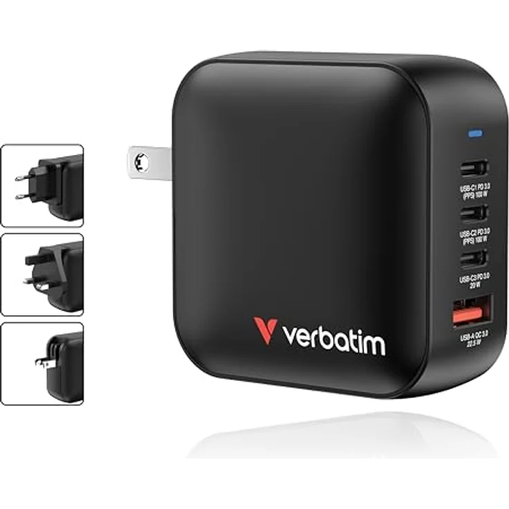 Verbatim Mini GaN Charger 100 W, 3 Ports USB-C Ladegerät mit 2 x USB-C & 1 x USB-A, Schnelles Ladegerät für MacBook, iPad, iPhone, Samsung & mehr, schwarz, inkl. EU- und UK-Adapter – Bild 3