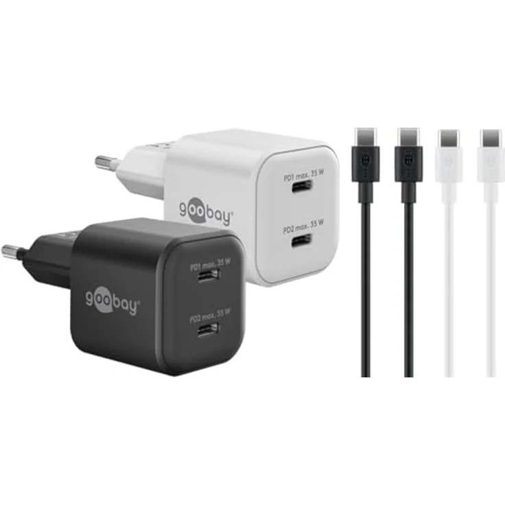 goobay Twin Power Set 2xUSB-C™ PD GaN Dual-Schnellladegerät Nano 35W, inkl. 2x USB-C™-Kabel, schwarz und weiß, für Handy, Tablet, Kamera, Power Delivery