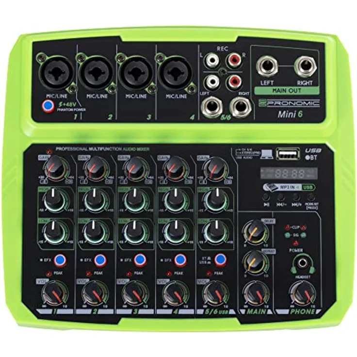 Pronomic Mini6 USB-Mischpult - USB-betriebener 6-Kanal Mixer mit Bluetooth® und USB - Grün
