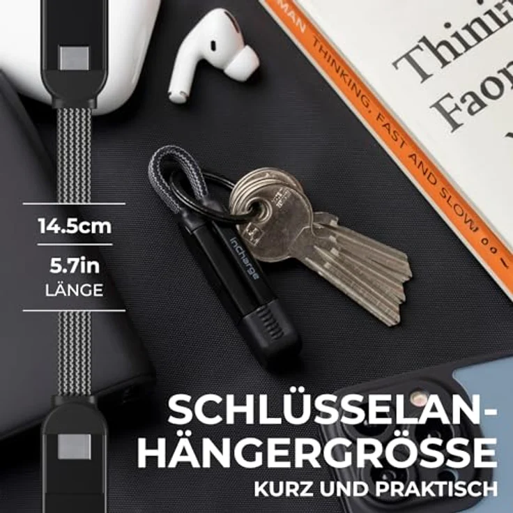 inCharge Rolling Square X Schlüsselanhänger mit USB-C-Kabel, Universal-Smartphone-Kabel, Geschenk für Männer, 6-in-1-Universalladegerät für Smartphones, tech Gadget, Schwarz, Lightning-Kabel 100W – Bild 5