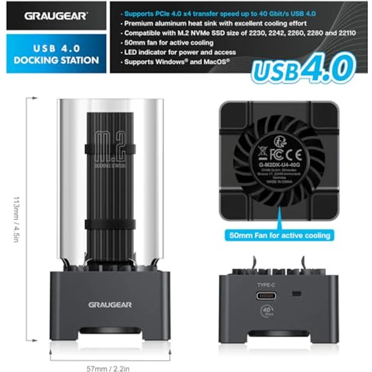 GRAUGEAR 40Gbps M.2 NVMe SSD Enclosure Dockingstation mit Kühllüfter, Thunderbolt 4/3 kompatibel, ASM2464PD Chip, [G-M2DK-U4-40G] – Bild 2