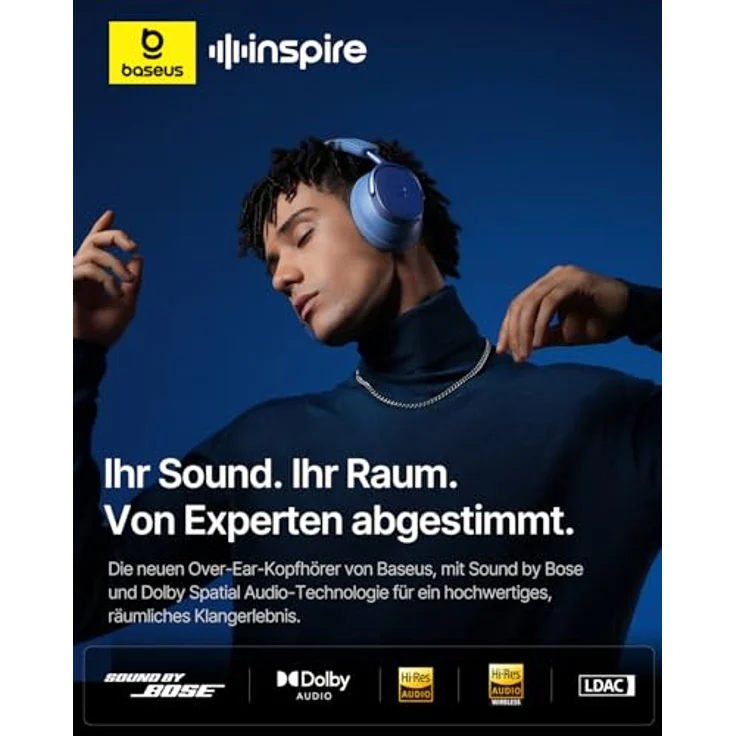 Baseus Inspire XH1, Over-Ear Kopfhörer mit Noise Cancelling, Sound by Bose, Cloud-Komfort, 100 Std. Spielzeit, Dämmerungsblau – Bild 2