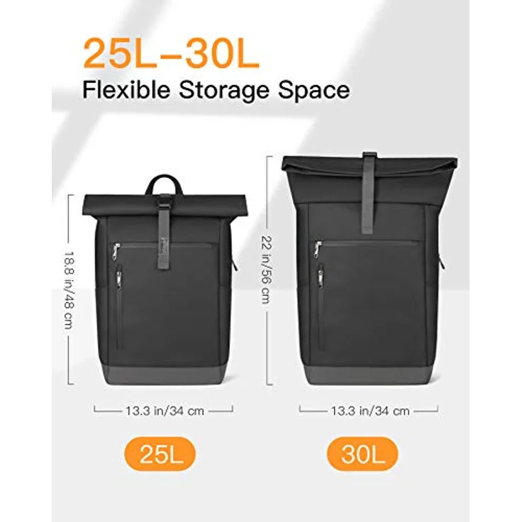 Inateck RollTop Rucksack Herren Damen 25L-30L Schwarz - LaptopRucksack mit Spritzwasserschutz, flexiblem Stauraum & 17 Zoll Laptopfach – Bild 2