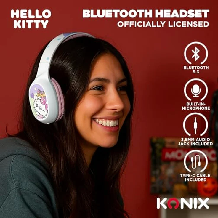 Konix Hello Kitty Kopfhörer, Verkabelt & Kabellos, Bluetooth 5.3, Anrufe/Musik, Weiß/Pink – Bild 2