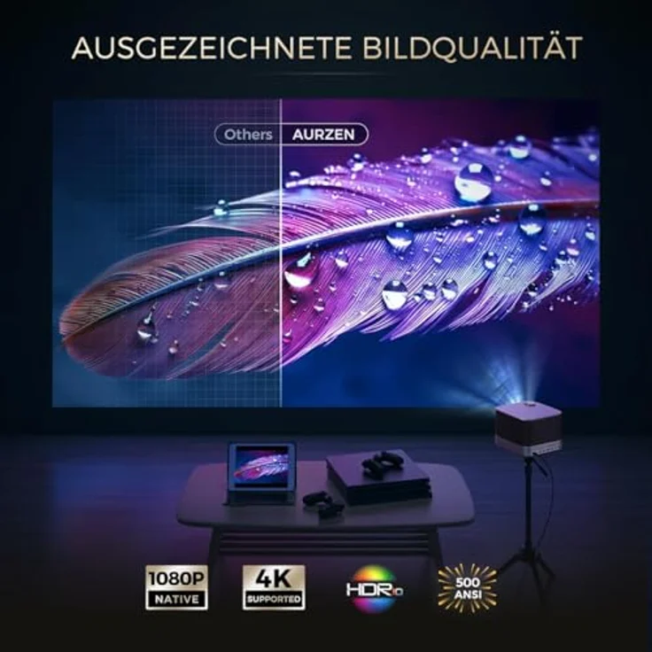 Aurzen BOOM 3 4K Beamer mit Dolby Audio, 500 ANSI, Autofokus, Trapezkorrektur, WiFi, Bluetooth, FHD 1080P, 36W Lautsprecher, grau – Bild 4