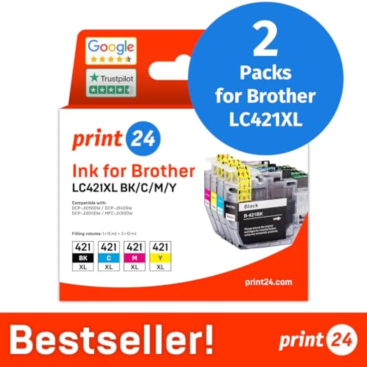 print24 LC421XL Tintenpatrone, 2er Pack, kompatibel mit Brother, Cyan, Magenta, Gelb, Schwarz, bis zu 500 Seiten – Bild 2