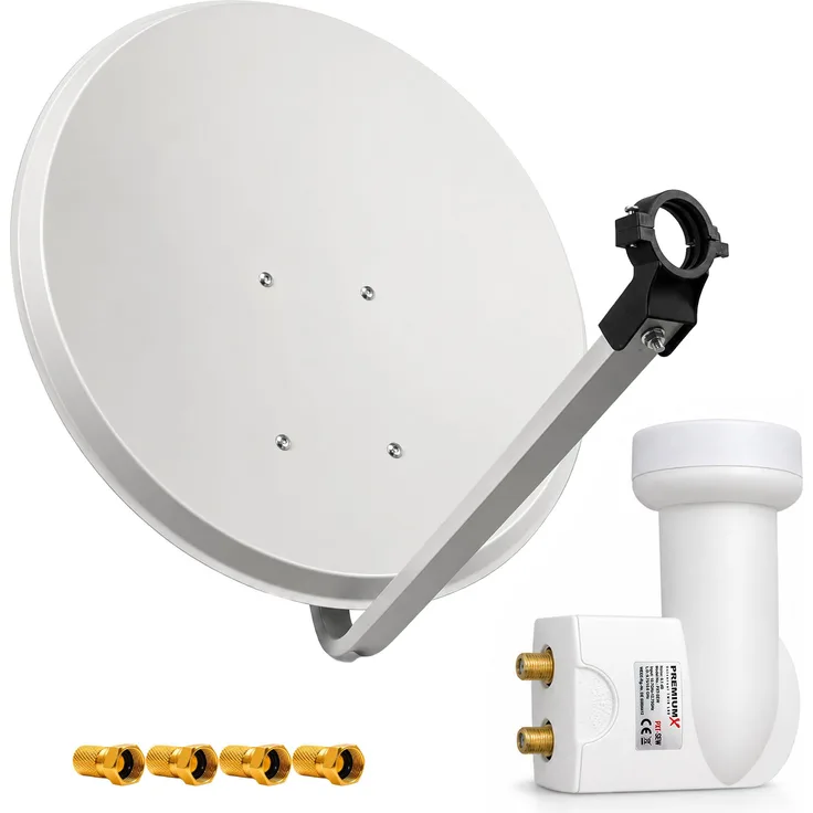 PremiumX PXS80 SAT Anlage, 80cm Satellitenantenne in Hellgrau mit Twin LNB und 4x F-Stecker