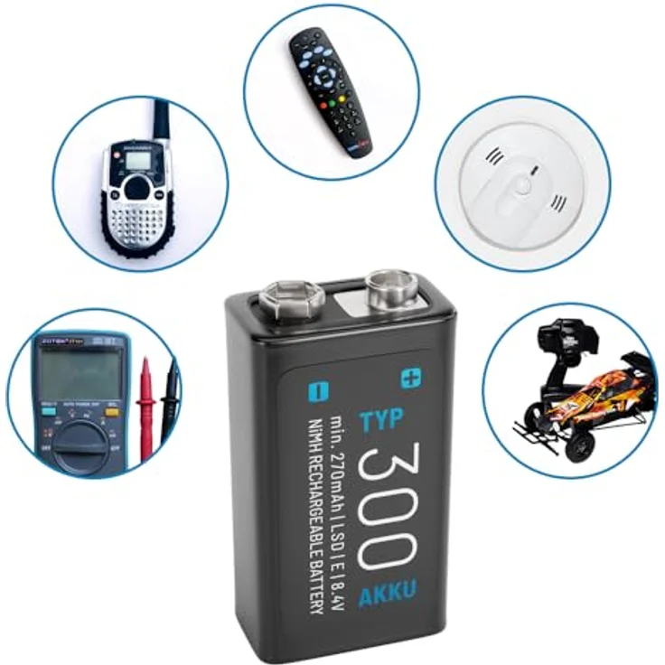 ABSINA 2X 9V Akku Block wiederaufladbar 300 mit geringer Selbstentladung - NiMH Akku mit 270mAh, 8,4V - E Block 9V Batterie, 9V Batterie Akku – Bild 3