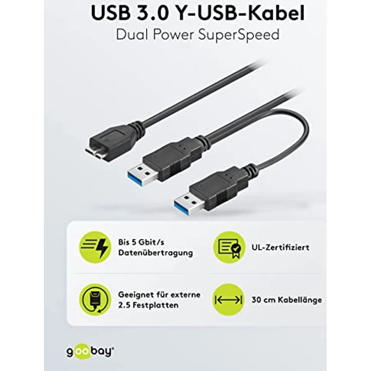 Wentronic goobay Dual Power - USB-Kabel - Micro-USB Type B (M) bis USB Type A (M) - USB3.0 - 30cm - rund - Schwarz (95746) – Bild 3