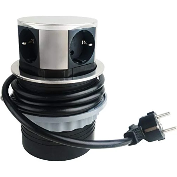 Versenkbare Steckdose Edelstahl mit 3X Steckdosen 2X USB I Einbausteckdose mit 150cm Kabel 230V für Küche, Schreibtisch, Arbeitsplatten – Bild 1