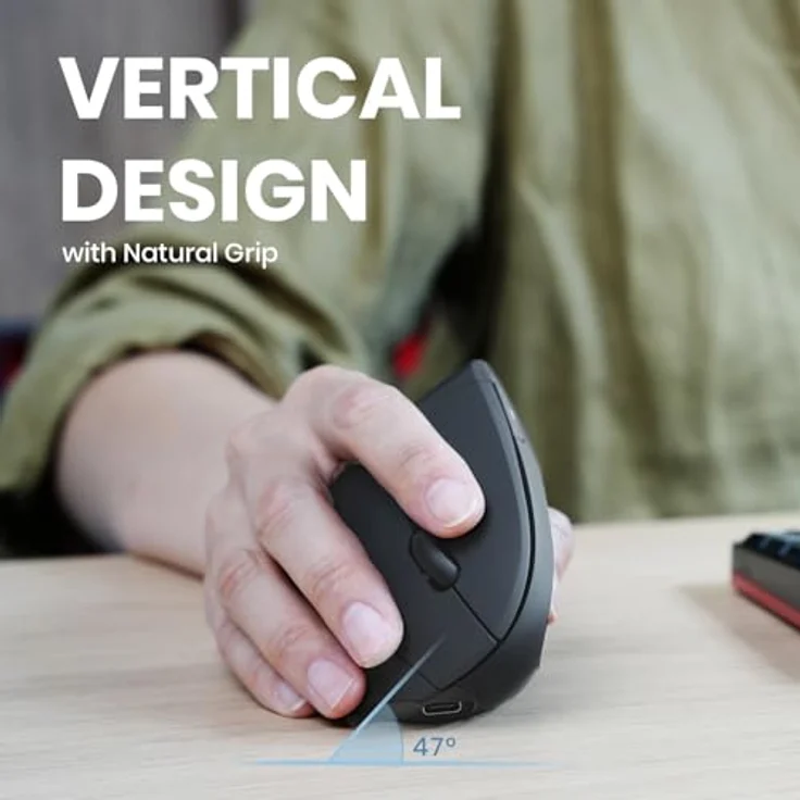 Perixx PERIMICE-713R, Kabellose wiederaufladbare vertikale Maus für Rechtshänder, 6 Tasten, schwarz, Duo-Wired und Wireless Charging Feature – Bild 4