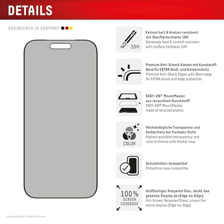 Displex Privacy Glass Panzerglas Displayschutz für Apple iPhone 17 Pro, 10H gehärtetes Glas, kratzfest, blasenfrei durch EASY-ON® MountMaster – Bild 2