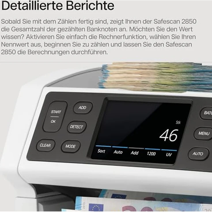 Safescan 2850, Geldzählmaschine mit 3-facher Echtheitsprüfung und mehrsprachiger Benutzeroberfläche – Bild 5