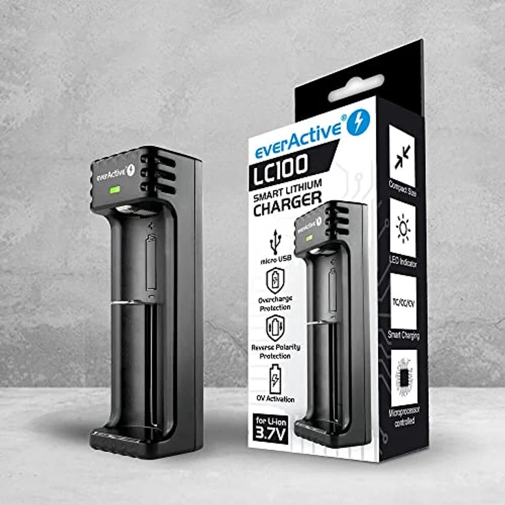 everActive Ladegerät für 1 Stück Li-Ionen-Akkus wie 18650, professionell, schnell, Micro USB, Modell: LC-100, Schwarz – Bild 5