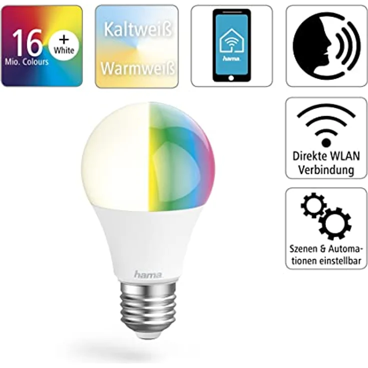 Hama WLAN LED Lampe E27 (Smart Home Lampe 10W Glühbirne, dimmbar, mehrfarbig RGBW, WIFI LED Lampe mit Sprachsteuerung und App, kompatibel mit Alexa, Google, Siri, Apple, kein Hub nötig) – Bild 2