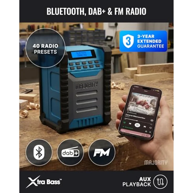 MAJORITY Landbeach Baustellenradio, DAB Radio mit Bluetooth, 10.000mAh Akku, 28 Stunden Laufzeit, IP54 staub- und wasserdicht, 30W Lautsprecher, USB-Powerbank – Bild 5