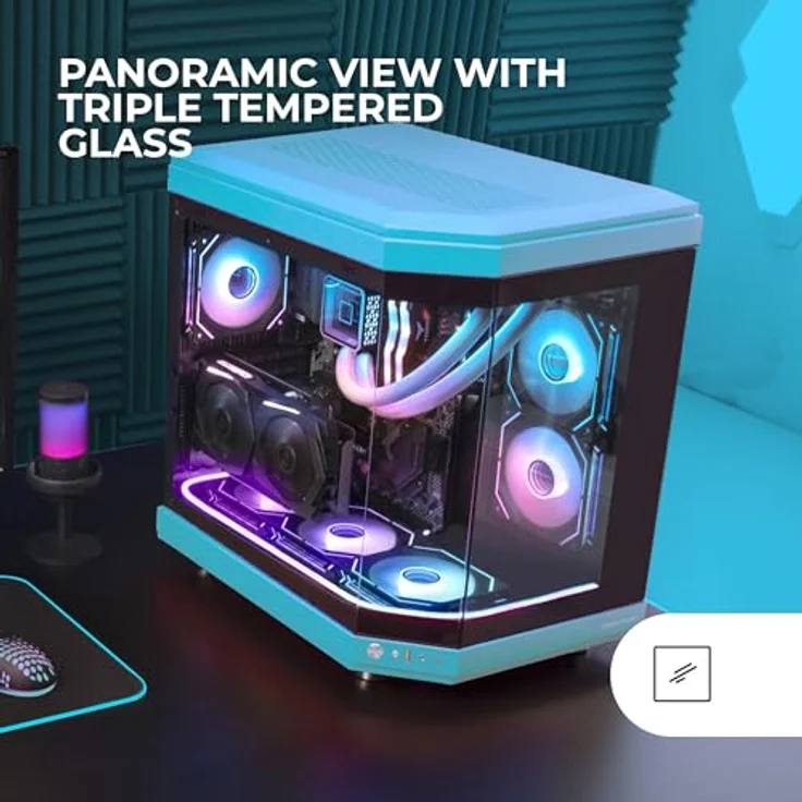 MARSGAMING MC-3T, Custom ATX-Gaming-Gehäuse mit Triple Window Hartglas, Flüssigkeitskühlung, Dual Side Kamera, Vertikale PCI Slots, USB-C und USB 3.0, Blau – Bild 2