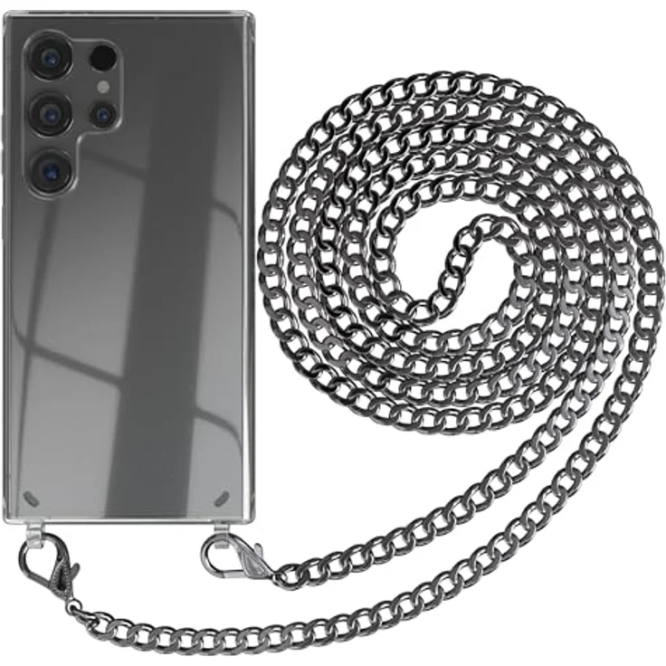 EAZY CASE Handykette für Samsung Galaxy S24 Ultra, TPU/Silikon Schutzhülle mit Metall Umhängeband, Schwarz/Anthrazit, flexible Tragemöglichkeiten und Ersatzkordel – Bild 1
