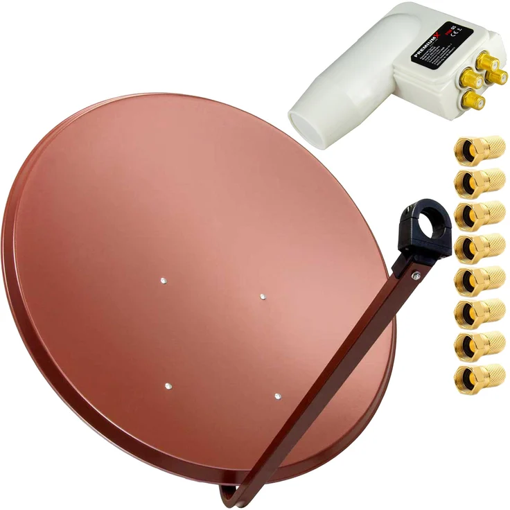 PremiumX 100cm Satellitenschüssel, stabile Stahl-Antenne in Ziegelrot mit Quad LNB und 8x F-Stecker für Mehrsatellitenempfang