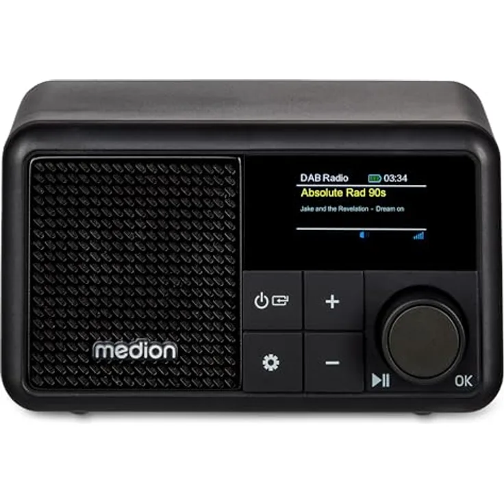 MEDION S66822 Tragbares Mini DAB+ Radio mit Bluetooth (Akku, dimmbares Farbdisplay, Teleskopantenne, Sleeptimer,Wecker, Snooze, AUX, USB-C) in schwarz