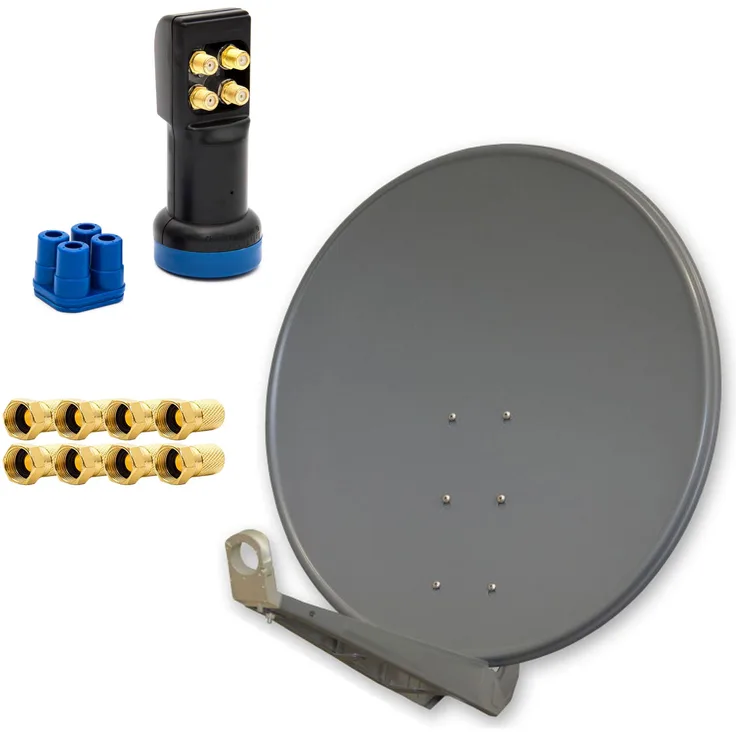PremiumX DELUXE SAT Anlage 100cm Aluminium Anthrazit, Quad LNB für bis zu 4 TV Receiver, inkl. 8x F-Stecker
