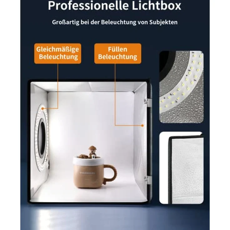 DUCLUS Fotobox zum Fotografieren, 30x30 cm Photobox zum Produktfotografie, Faltbare Mini Fotostudio Set mit Dimmbare 112 LEDs, 8 Glänzende Hintergründe für Lichtzelt zum Schmuck Kleine Gegenstände – Bild 4