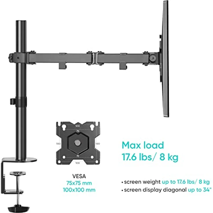 ONKRON Einearm Monitor Halterung, Full Motion für 13-34 Zoll Bildschirme, Display, neigbar, drehbar bis 8 kg, Tischhalterung, VESA 75x75/100x100 Schwarz – Bild 3
