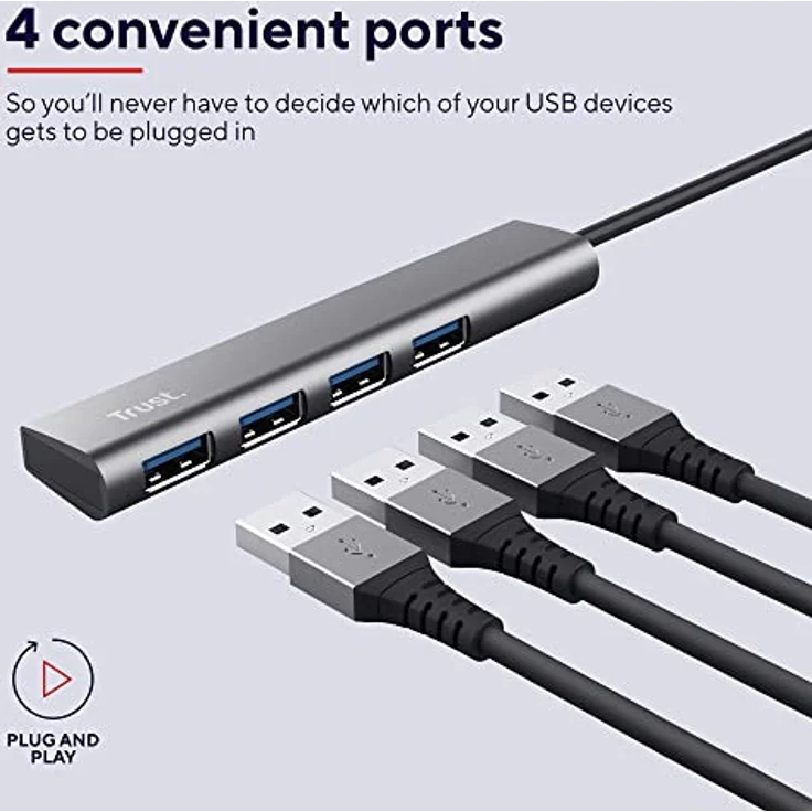 Trust Halyx USB-C Hub 3.2 Gen 1, 4 Port USB-A Adapter 5 GBit/s, Dünn und Kompakt, USB Verlängerung Datenhub, USB Verteiler, USB Splitter für Computer, PC, Laptop, Desktop, Windows - Grau – Bild 2