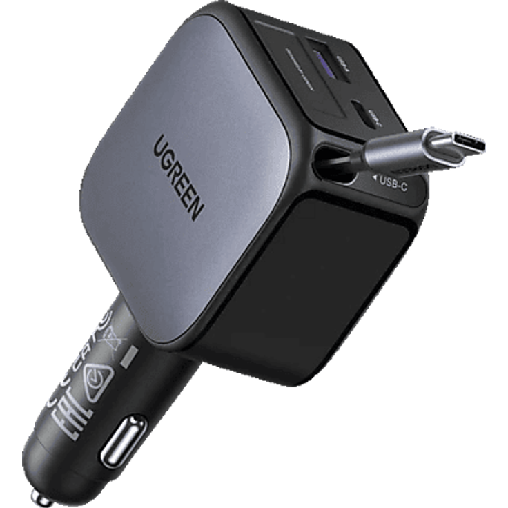 UGREEN 60 Watt Autoladegerät mit ausziehbarem USB-C-Kabel, Grau