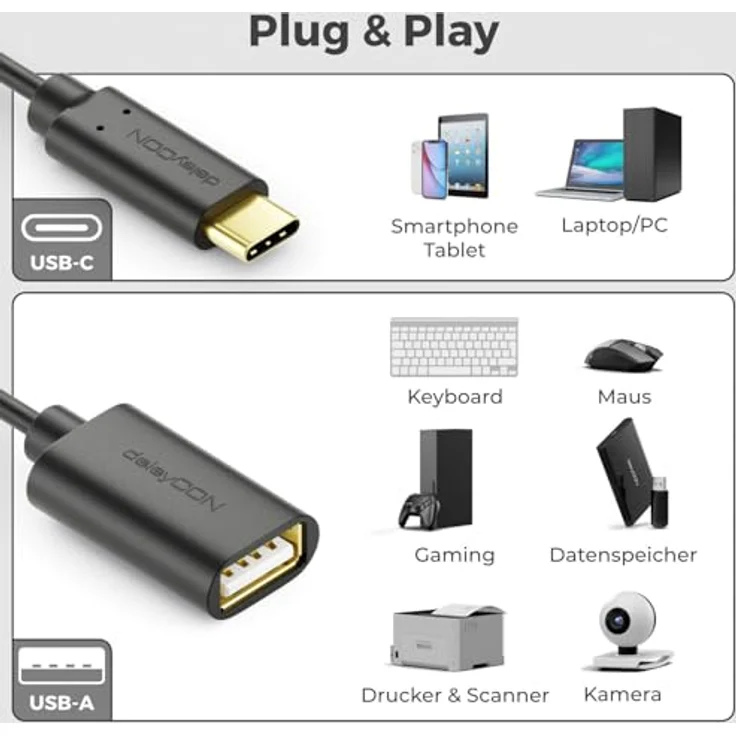 deleyCON Adapter USB C auf USB A - OTG, 0,2m Datenkabel mit 480 MBit/s, Schwarz, kompatibel mit iPhone 16 Pro Max, iPad Pro, MacBook, Galaxy S24/S23/S22 und mehr – Bild 2