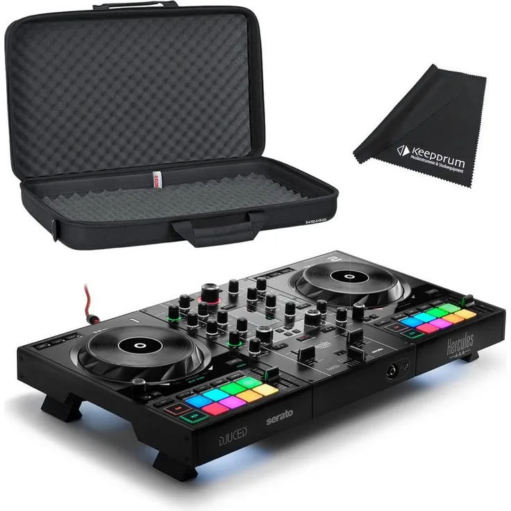 HERCULES DJ Control Inpulse 500, 2-Deck USB DJ Controller mit 16 RGB-Pads und Gator Tasche, inklusive Serato DJ Lite und Reinigungstuch