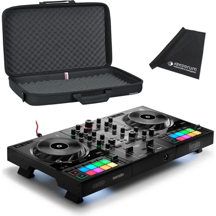 HERCULES DJ Control Inpulse 500, 2-Deck USB DJ Controller mit 16 RGB-Pads und Gator Tasche, inklusive Serato DJ Lite und Reinigungstuch
