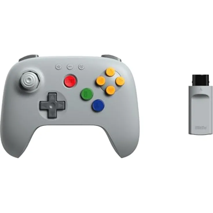 8BitDo 64 Wireless 2.4G, Wireless Controller in Classic Grey mit Hall Effect-Joystick, Turbo-Unterstützung und Vibration für Nintendo 64