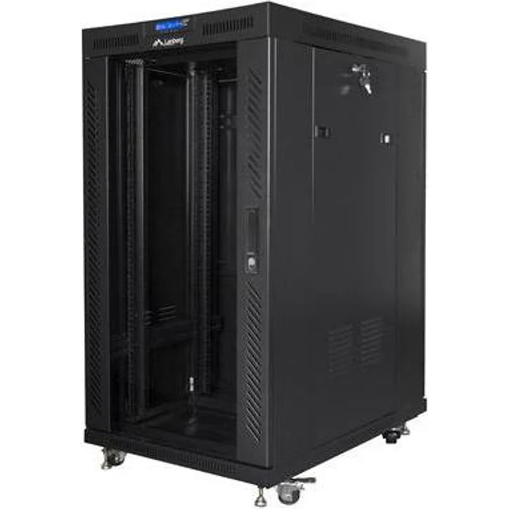 Lanberg FF01-8022-12BL Rackschrank 22U freistehend, schwarz, mit gehärteter Glastür und 1200 kg Tragfähigkeit