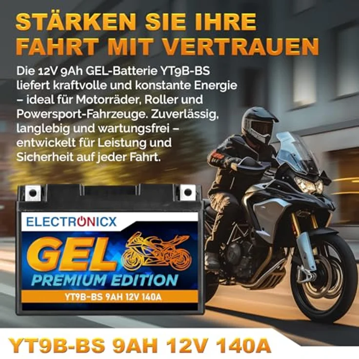 Electronicx GEL-YT9B-BS, GEL Motorradbatterie 9Ah 12V, wartungsfrei, tiefentladungsfest, rüttelfest, auslaufsicher für Motorräder, Roller, Quads und ATVs – Bild 2