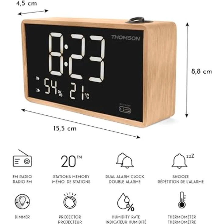 Thomson CP202T Radiowecker mit Projektor und USB-C-Ladeanschluss, doppelter Alarm, Temperatur- und Luftfeuchtigkeitsanzeige, FM-Radio, Holzdesign – Bild 5