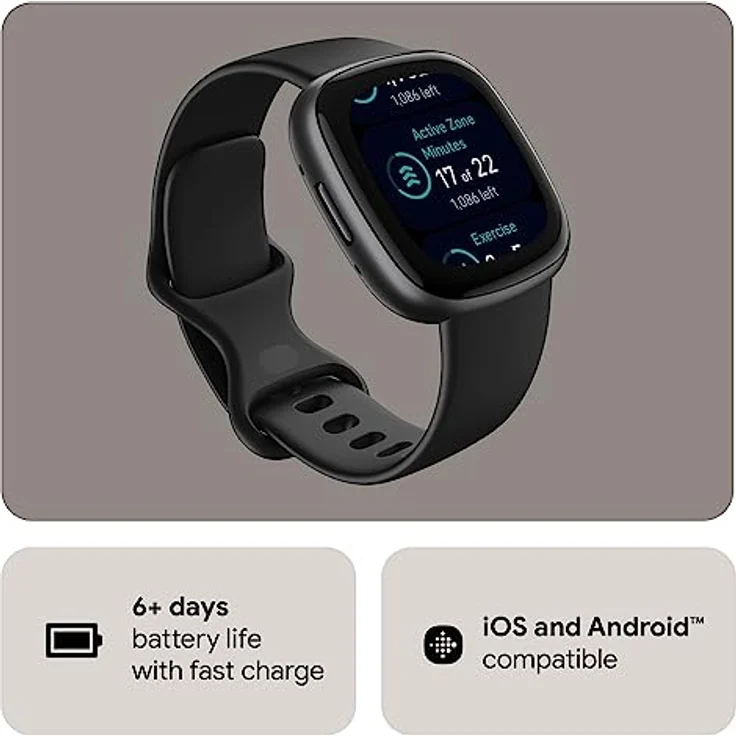 Fitbit Versa 4 Smartwatch GPS, Unisex, 40,5mm, Sportarmband in Blau + Schwarz, Aluminiumgehäuse in Graphit – Bild 3