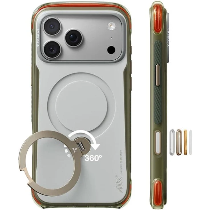 Torras Ostand Q3 Air Pro, Handyhülle mit stufenweisem Aufprallschutz und drehbarem magnetischen Ständer, alpine marble white für iPhone 18 Pro