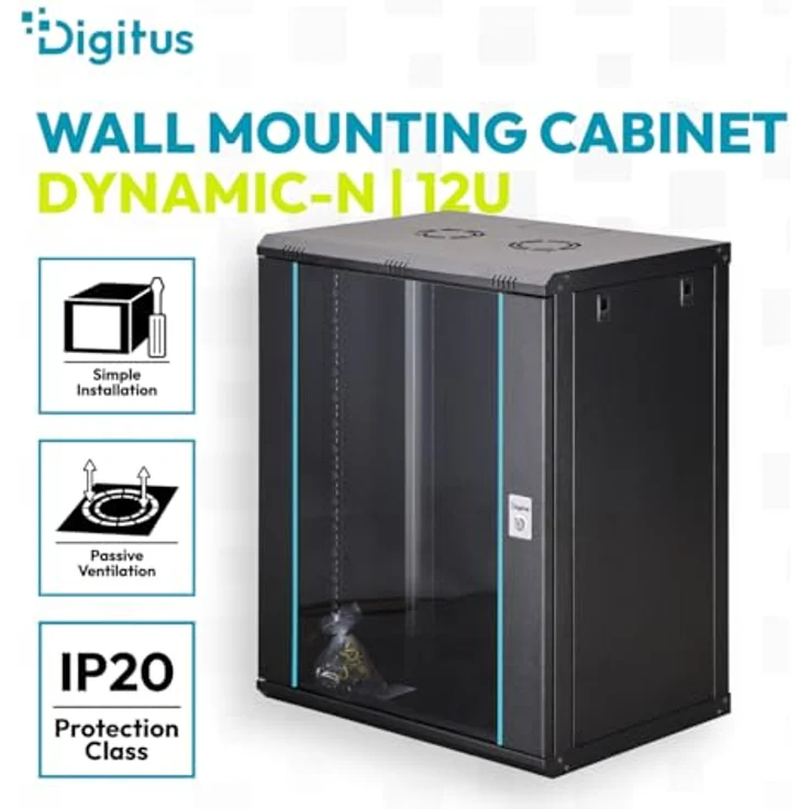 DIGITUS Netzwerkschrank Dynamic-N, 19-Zoll Rack 16HE, unmontiert, Wandmontage, 450 mm Tiefe, 320 mm Nutztiefe, 60 kg Traglast, abschließbare Glastür, schwarz – Bild 2