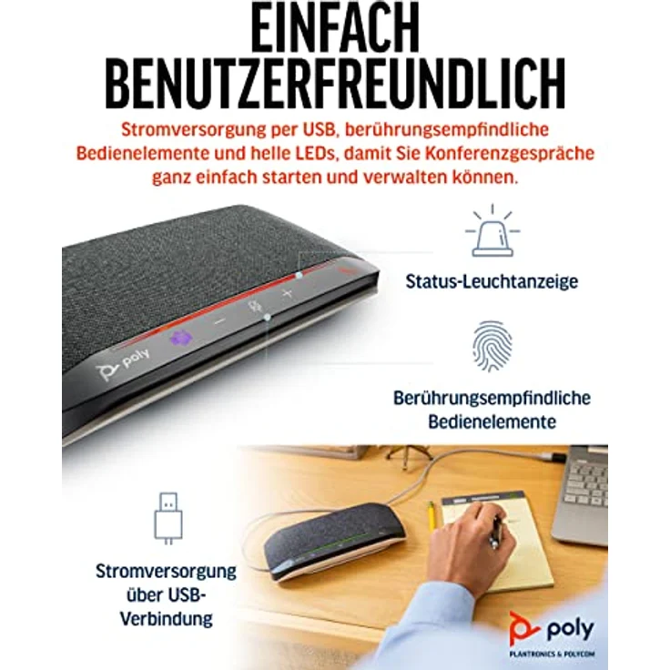 Poly Sync 10 USB-Konferenzlautsprecher – tragbarer 2-in-1-Lautsprecher für Audio-/Videokonferenzschaltungen und Musik – USB-betrieben – Zertifiziert für Teams, Zoom und Google – duales Mikrofon – Bild 3