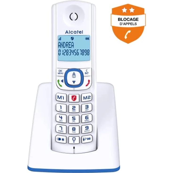 Alcatel F530 - Schnurloses Telefon mit erweiterter Anrufblockierung, Freisprecheinrichtung, großem Bildschirm mit Hintergrundbeleuchtung, VIP-Klingeltönen, 10 Anrufmelodien, weiß/blau – Bild 2